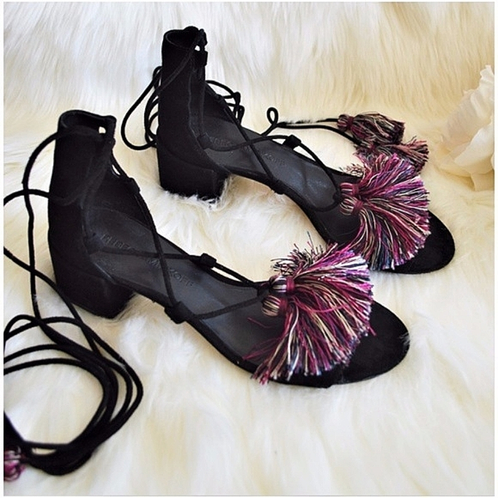 Rebecca Minkoff Isla Suede Pom Pom Sandals Black